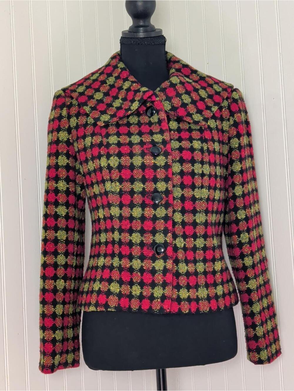 Grace Elements Wool Tweed Cropped Jacket Red Green Plaid Statement Collar Size 4